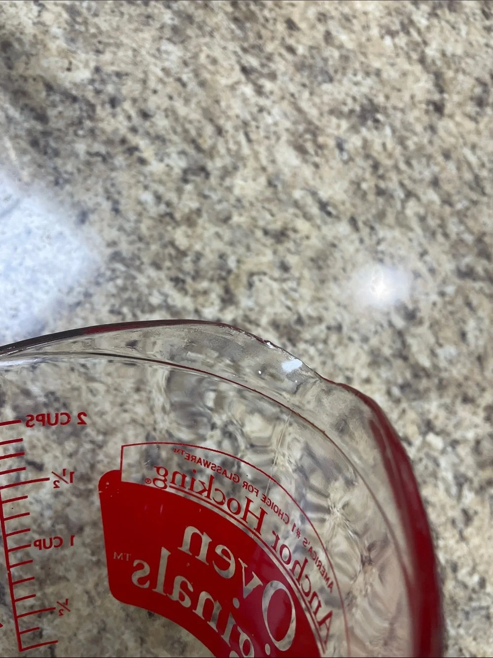 Anchor Hocking Oven Originals 498 RED Lettering 2 Cup Clear Glass Measuring Cup.